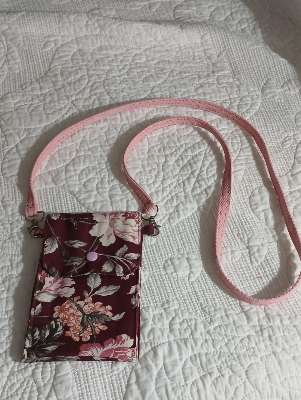 Floral Crossbody Phone Pouch - Pink Strap, Burgundy Floral